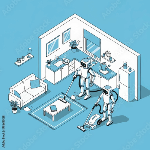 Robots cleaning a modern living room.