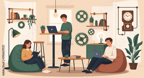 Young people working and relaxing in a modern coworking space.
