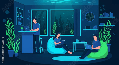 Young people working and relaxing in a modern co-working space.