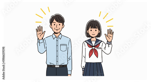 A man in a light blue shirt and a teenage girl in a school uniform wave their right hands while yellow radiating lines appear behind their heads.