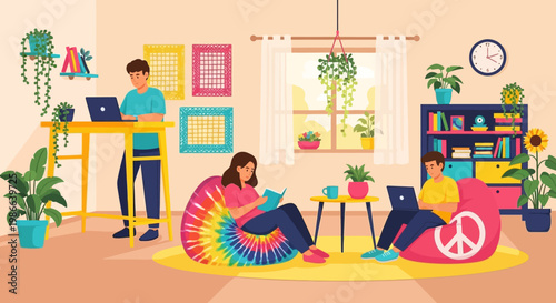 Young people working and studying in a cozy living room.