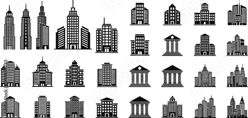 Comprehensive Collection of Modern City Building Icons and Skyscrapers, Government Offices and Residential Real Estate Landmarks, Minimalist Black Vector Silhouette Set