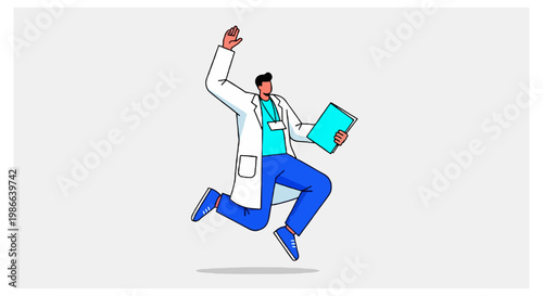 A male medical doctor in a white lab coat and blue trousers jumps excitedly into the air while holding a folder and raising a triumphant fist.