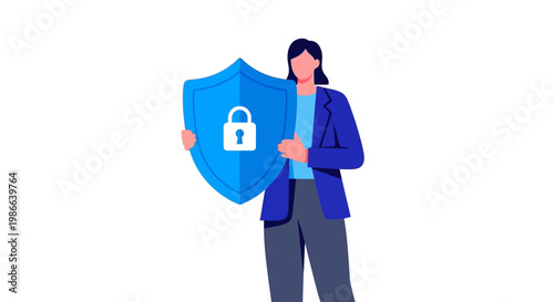 Woman Holding a Blue Shield with a Lock Symbol.