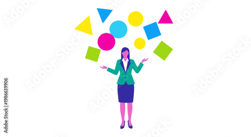 Woman Juggling Colorful Geometric Shapes Effortlessly.