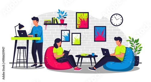 Young people working and studying in a modern coworking space.