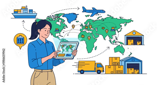 Woman managing global logistics with digital tablet.