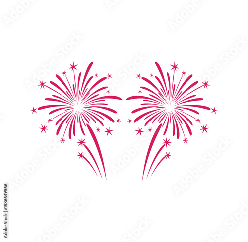 Pink firework explosions with stars on white background for celebration decoration