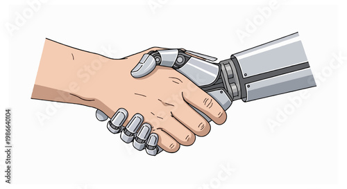 A human hand and a robotic hand with mechanical joints perform a handshake against a solid white background in this illustration.