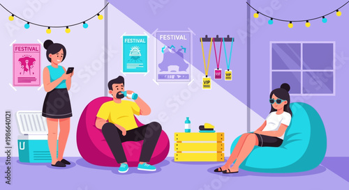 Three young adults relaxing in a casual indoor setting.