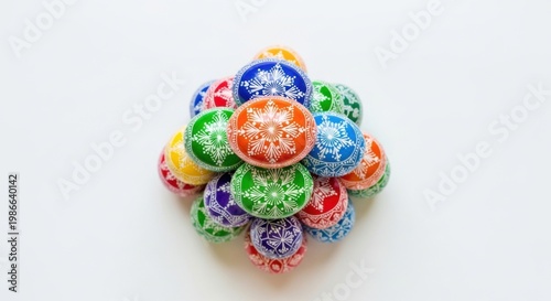 Colorful Decorated Easter Eggs Stacked in Bright Center