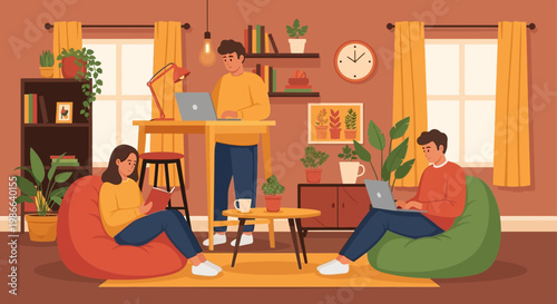 Three young adults working on laptops in a cozy living room.