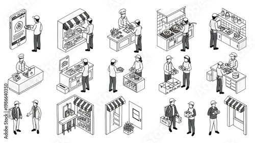 Isometric Brush Pen Hand Drawn Food Delivery System Vector Set, Ordering, Cooking, Courier Delivery Workflow, Expressive Ink Stroke Style, Human Activity, White Background