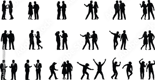 Comprehensive Collection of People Silhouettes Featuring Couples Talking Business Professionals Discussing Friends Interacting and Excited Individuals Celebrating in Various Group Poses