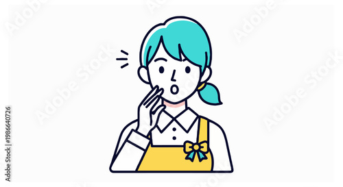 A surprised girl with teal hair wearing a yellow apron and blue bow reacts with a hand to her mouth on a white background.
