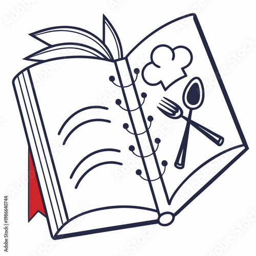 A vector graphic illustration of an open cookbook with a chef's hat and utensils