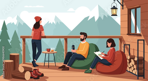 Three friends relaxing on a wooden cabin porch.