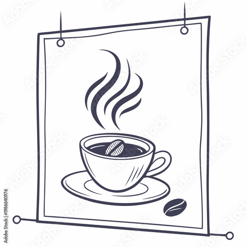 A minimalist vector illustration of a steaming cup of coffee on a saucer with a coffee bean, presented on a hanging paper background.