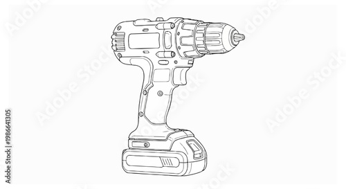 A black and white line art illustration showing a cordless electric hand drill facing right with visible internal component markings and battery base.