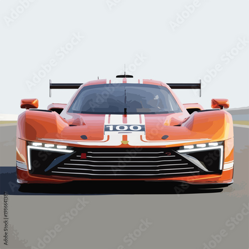 A vibrant orange race car speeding on a track