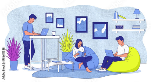 Young adults working and relaxing in a modern living room.