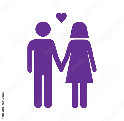 Purple icon of a loving couple holding hands with a heart above them symbolizing love and relationship