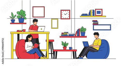 Young people working on laptops in a modern co-working space.