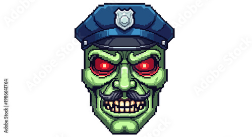 Scary Green Monster Police Officer with Red Eyes and Mustache.