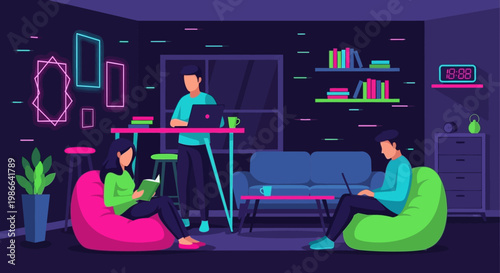 Young people working on laptops in a modern co-working space.