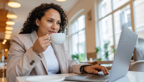 Woman working in a cafe and drinking a coffee 