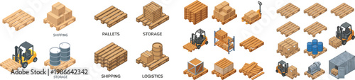 Wooden Pallet Icon Set Collection. Isometric View for Industrial Storage and Shipping Logistics. Isolated on white
