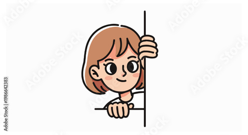 A cartoon illustration of a young girl with brown hair peeking out from behind a white vertical wall against a plain white background.