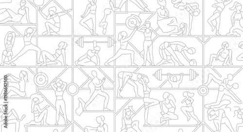Fitness and Yoga Line Art Seamless Pattern - Active Women Workout and Exercise Illustrations
