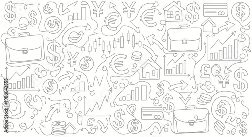 Finance Doodle: Money, Charts, Arrows & Business Icons - Hand Drawn Vector Seamless Pattern