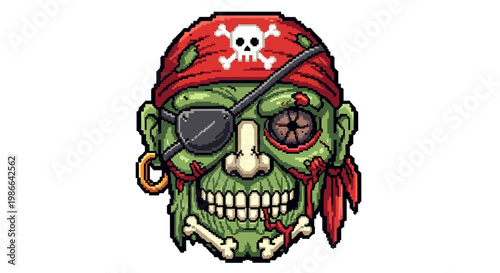 Scary Zombie Pirate Head with Eyepatch and Bandana.