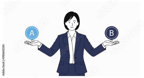 A professional woman in a navy suit balances two circular coins labeled A and B on her open palms against a white background.