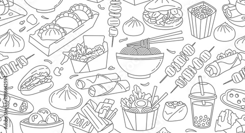 Hand-drawn Asian Food Doodle Pattern - Dumplings, Noodles, Spring Rolls, Bubble Tea