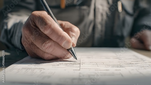 Close‑up of a contractor’s hand on a detailed contractor estimate form held on a clipboard in a bright modern kitchen, 4K ultra‑realistic