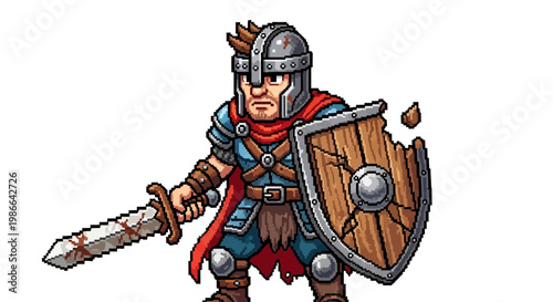 Pixel Art Warrior With Sword and Shield Ready for Battle.