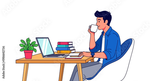 Young man working on laptop and drinking coffee at desk.