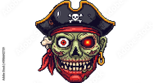 Scary Zombie Pirate Head with Red Bandana and Skull Hat.