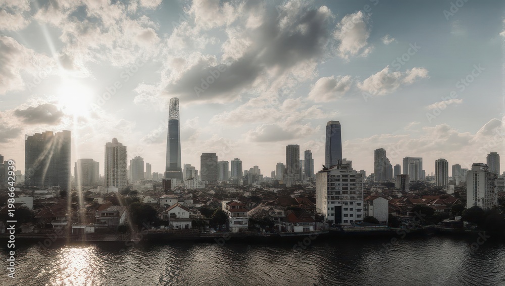 Fototapeta premium Skyline view with tall buildings and sunshine. The city stretches from the waterfront. Sky is cloudy