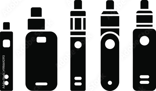 Electronic cigarette icon set, black glyph vector collection of vape devices pod system and vaporizer silhouettes for smoking alternative and lifestyle design.