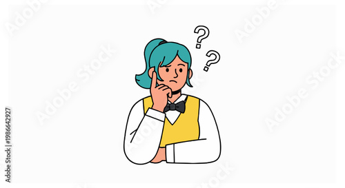 A teenage girl in a school uniform with teal hair and a yellow vest rests her chin on her hand while looking at three question marks.