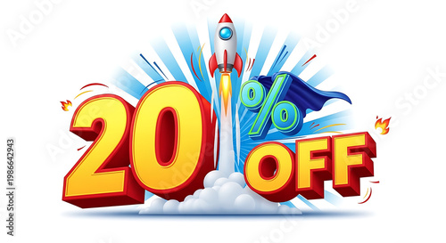 Cartoon rocket ship with 20% off discount sign, blasting off with blue flames and clouds sale