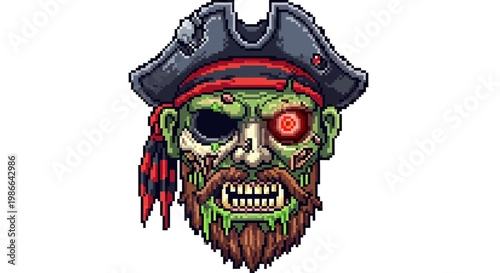 Scary Zombie Pirate Head with Red Eye and Tricorn Hat.