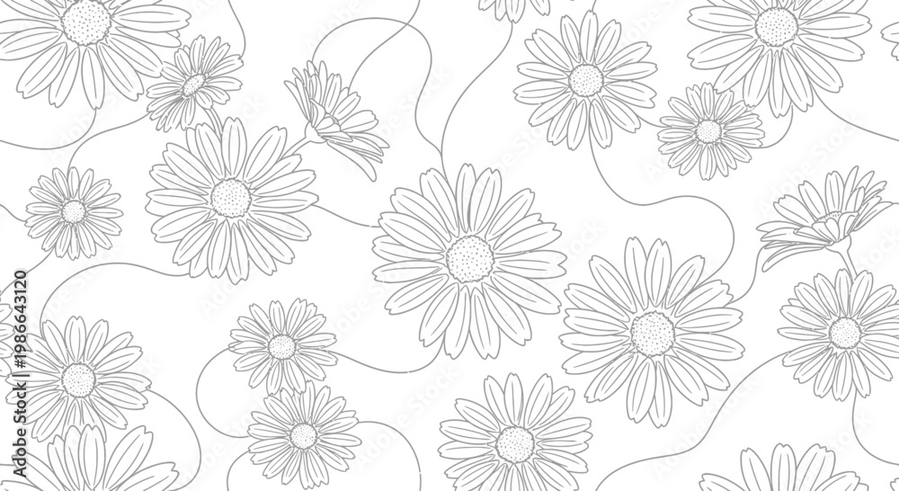 Obraz premium Seamless Floral Pattern, Outline Daisy Flowers on White Background, Vector Art