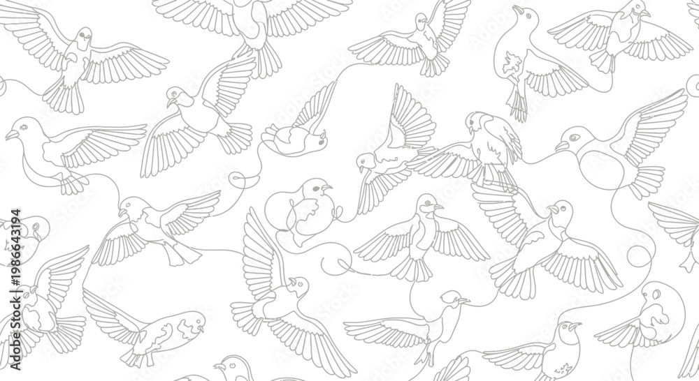 Fototapeta premium Seamless Pattern: Elegant Line Art Doves Flying and Perching