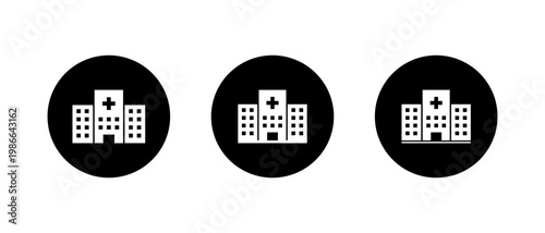 Healthcare hospital icon in black circle. Medical center building symbol. Healthcare facility sign