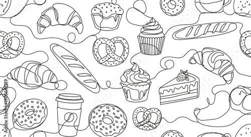 Seamless Pattern: Delicious Baked Goods Sketch - Croissants, Donuts, Muffins, Cake